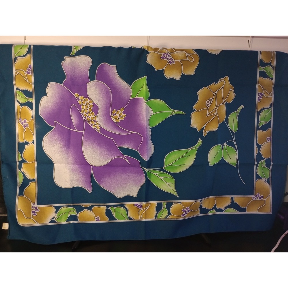 Vintage Echo Italy Scarf 28x31 Teal Purple Yellow Floral Print 100% Polyester RN